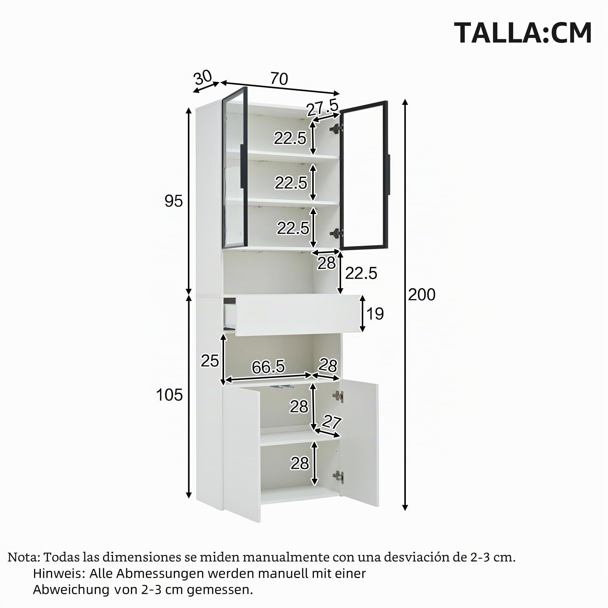 Lcoho Vitrina de 70 x 30 x 200 cm, con cajones y armarios, armario alto con plataforma de almacenamiento abierta, estantería para libros, vitrina de pie, color blanco