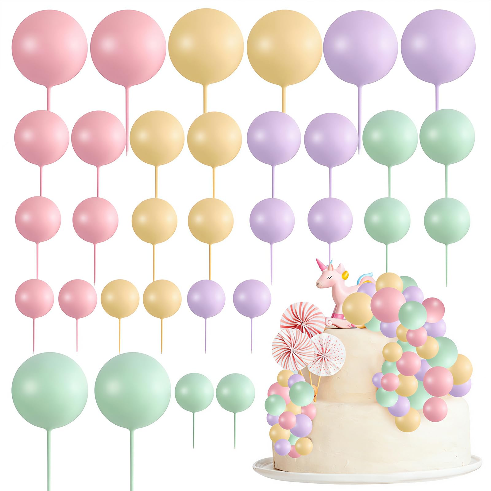 Kozdtiz Tortendeko Kugeln Cake Topper, Mini Ballons Tortenaufleger DIY Mini Ballon Cupcake Einsatz Kuchen Dekoration Kugel für Hochzeit Party Babyparty Hellviolett Hellrosa Hellgelb Hellgrün 32 Stück