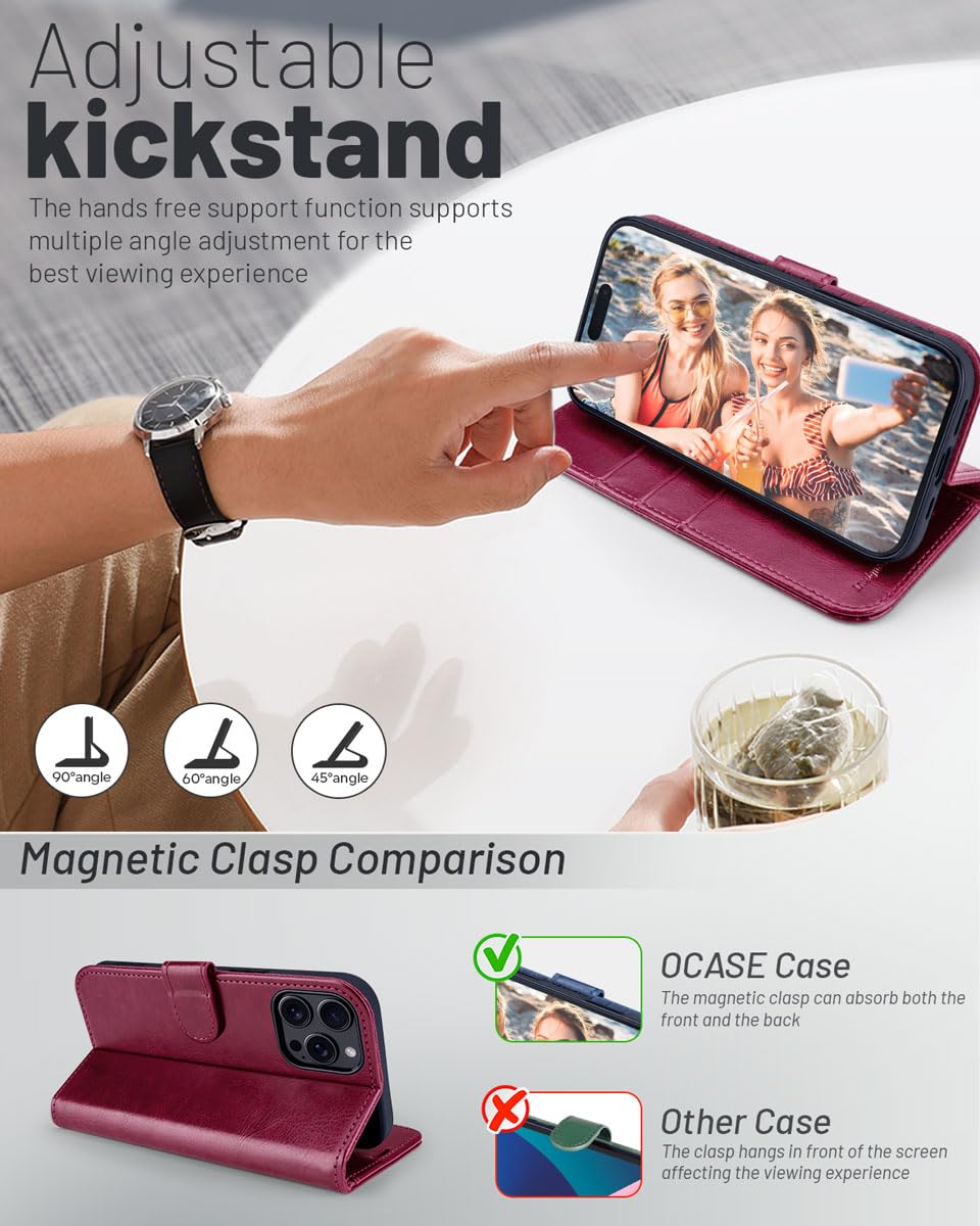 OCASE for iPhone 16 Pro Case, PU Leather Wallet, Magnetic Flip Folio Cover with RFID Blocking, Card Holders, Shockproof TPU - Image 4