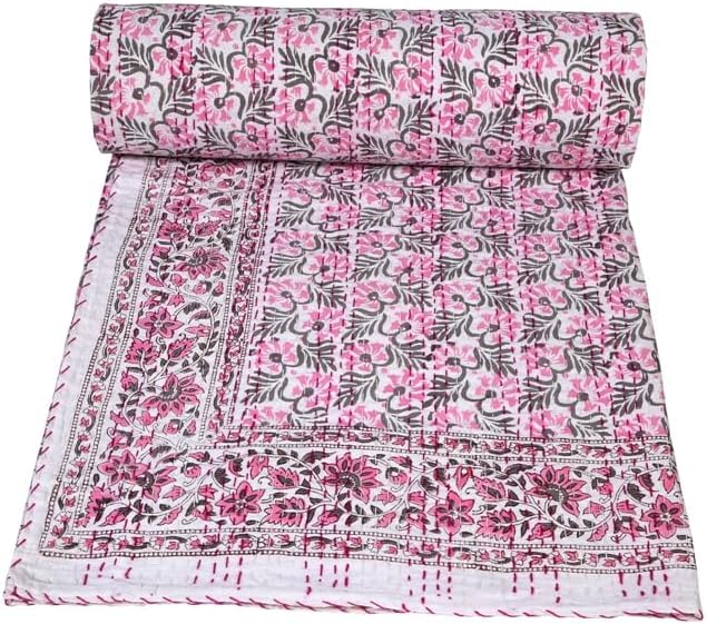 Indian Block Print Quilt Kantha Quilts Queen Size Kantha Throw Quilt Blanket Kantha Bedspreas Pure Cotton Quilt King Size Quilt Indian Quilt (Green, Queen 90 X 108 Inch)