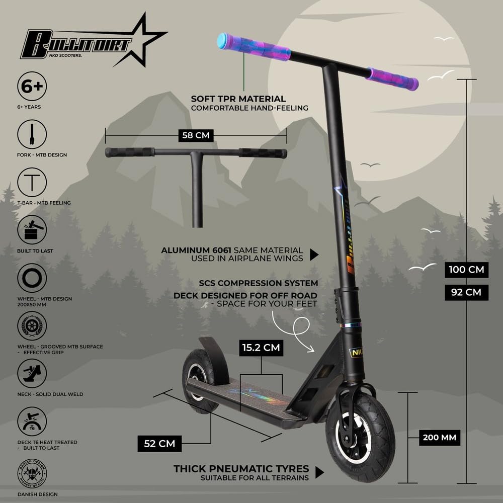 NKD Trottinette Stunt Bullit Dirt | Roues gonflables 200 mm | Aluminium 6061 Durable | Conçue pour Durer | Roulements ABEC-9 | Guidon Rotatif à 360°