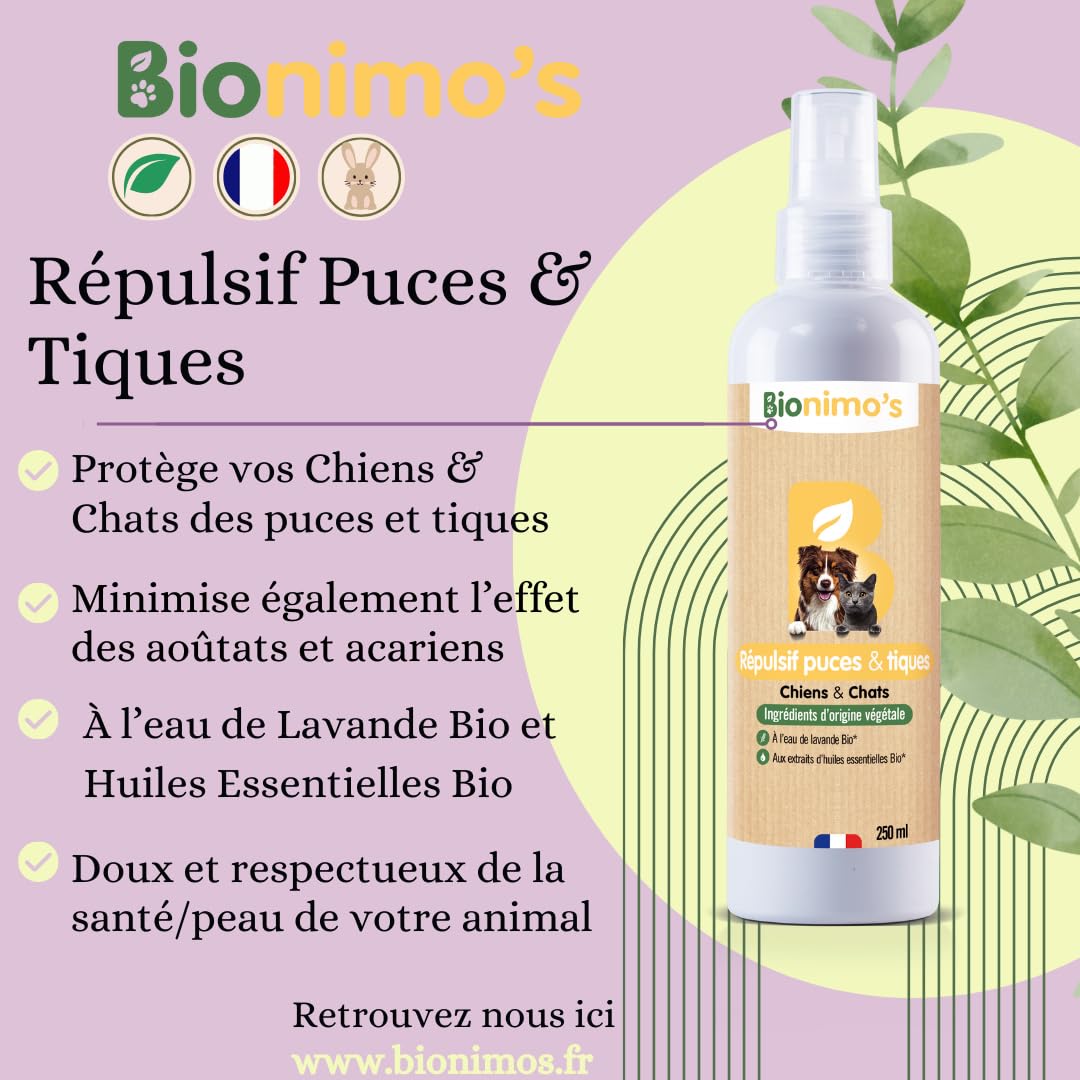 Spray Répulsif anti-Puces & Tiques Chiens & Chats. Naturel et Végétal. Complexe d’Huiles Essentielles Bio et Eau de Lavande Bio. 100% Français. Protège des parasites
