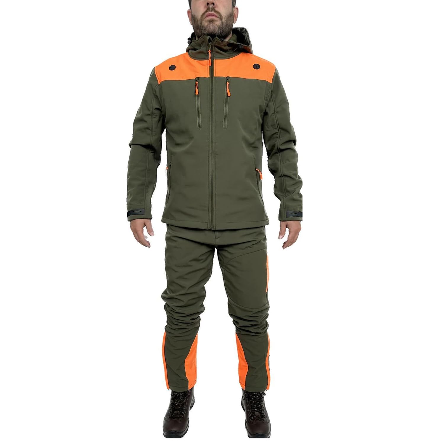 fratelliditalia.org Completo Softshell giacca e pantalone cinghiale arancio AntipioggiaTermico caccia uomo Cerniere termosaldate
