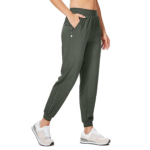 Willit Women's Athletic Joggers Pants Running Workout Quick Dry Pants Lightweight with Zipper Pockets Army Green M