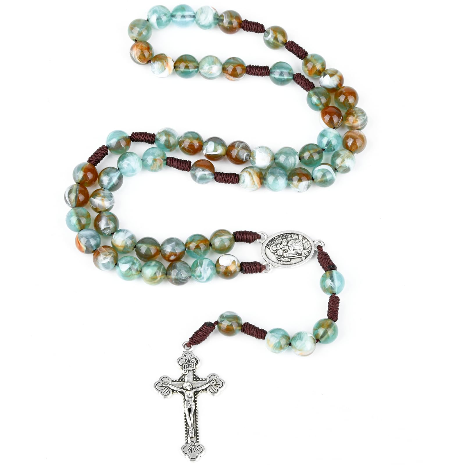 NCPLYGOU 10mm Rosary Beads Catholic Necklace 18.5 Inch Agate Rosary Beads Catholic Necklace for Women/Men Handmade Braided Rosaries with Curcifix Cross and Holy Mary Medal(Green)
