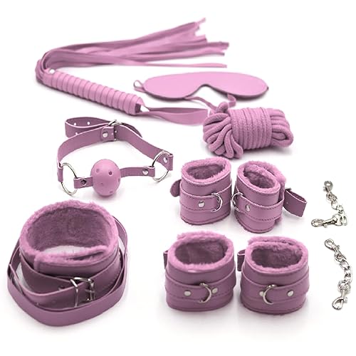 Sex Bondage Kit Restraints for Couple Adjustable Straps Bedroom Dominance Wrist Ankle Collar Gag ball Chain Rope Whip Cuff Bondaged Adult Kit Game Sex Resistant Set Kinky Play Womens - Set of 7 - Pink