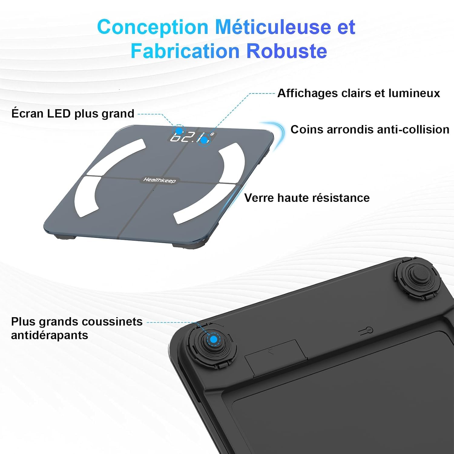 Healthkeep Pèse Personne Numériques, Balance Connectée Bluetooth Impédancemètre avec 13 Données Corporelles (BMI/Graisse Corporelle/Masse Osseuse/BMR/Muscle/Eau) pour APP Max 180kg
