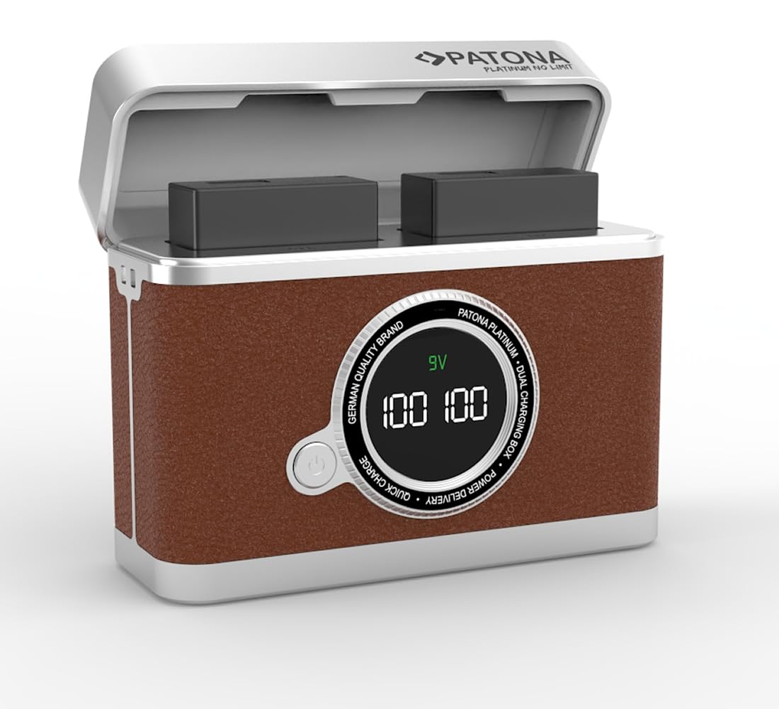 PATONA Platinum Retro Dual Ladebox USB-C für Fuji NP-W126 NP-W126S Akku – Schnellladegerät mit LED-Display, PD & QC, 8.4V, Lade- & Aufbewahrungsbox kompatibel mit X-H1 X-Pro3 X-T30 X-T200 X-A10