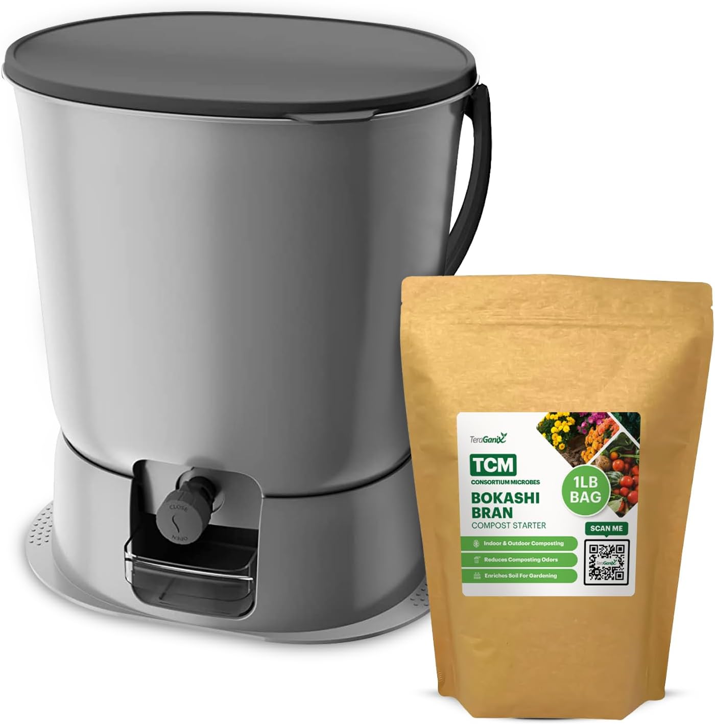 TeraGanix Bokashi Compost Starter Kit, Essential Bucket + Base, Indoor Composting, 15.3L (4gal) Capacity, Airtight, Odor & Pest-Free, Includes Bokashi Rice Bran & Liquid Collection Base, (Black)