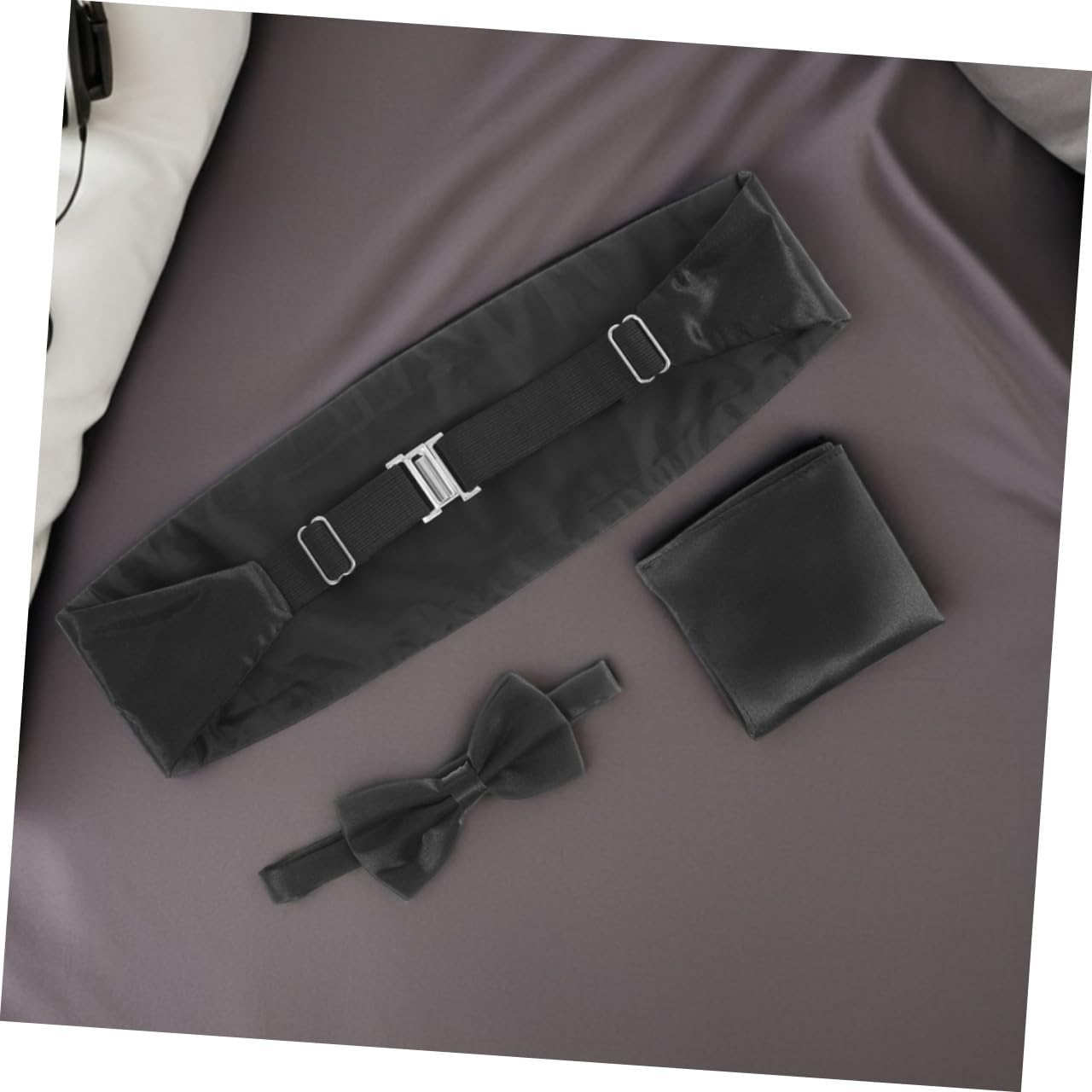 Men's Black 6pcs Cummerbund Bow Tie Set with Xmas Pocket Handkerchief