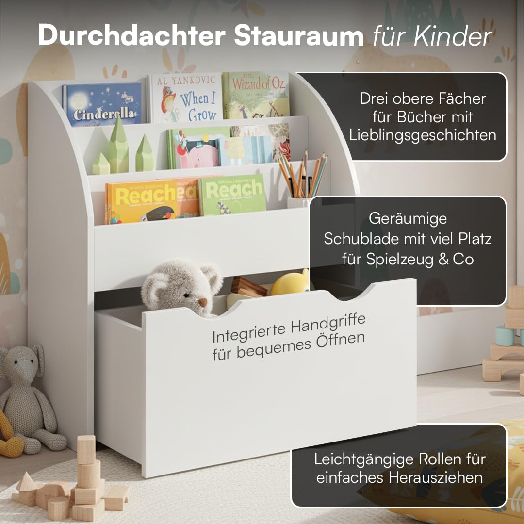 Bellabino Koro Bücherregal Kinder – Regal Kinderzimmer mit 3 Fächern für Bücher – Montessori Kinderregal mit Schublade – Spielzeugregal Aufbewahrung in Weiß – Spielregal aus Holz 79 x 34 x 72 cm