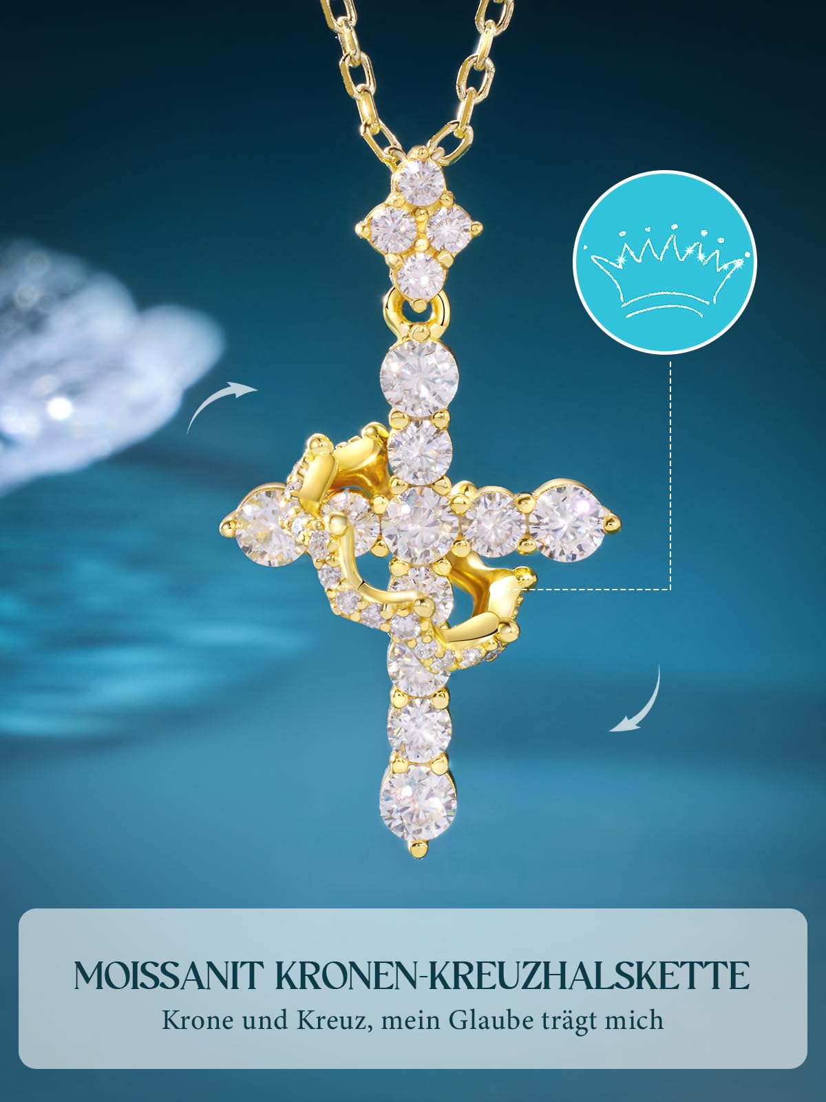 Moissanit Kreuz Kette mit Krone, 1,1 Karat, 925er Sterlingsilber mit 14 Karat Gold Vermeil, Christliche Halskette Damen