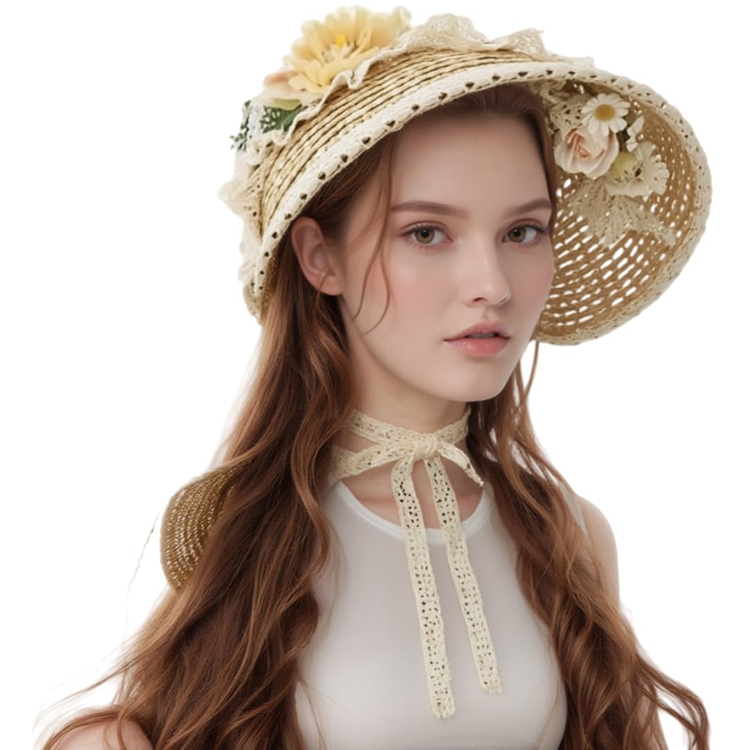 CAMDOM Sombrero Victoriano para Mujer, para Fiesta de té, con Lazos, Flores, Sombrero de Paja Plano, Color marrón