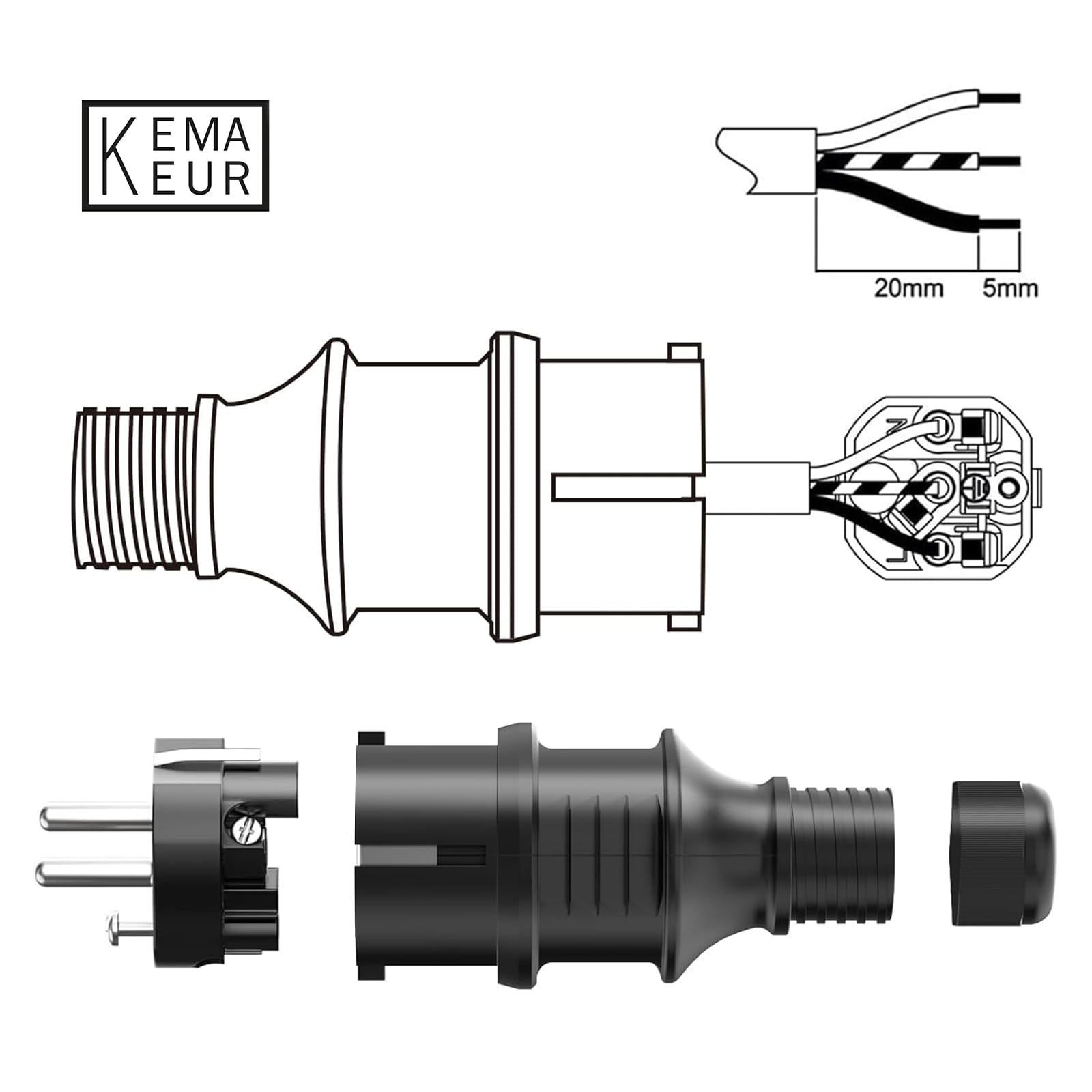 2 Piezas Enchufe de Schuko 250V 16A, Contacto Protector con Protección de Torsión, Clavija Enchufe Macho de Alimentación con Liberación de Tensión para Cables Interiores y Exteriores, Negro