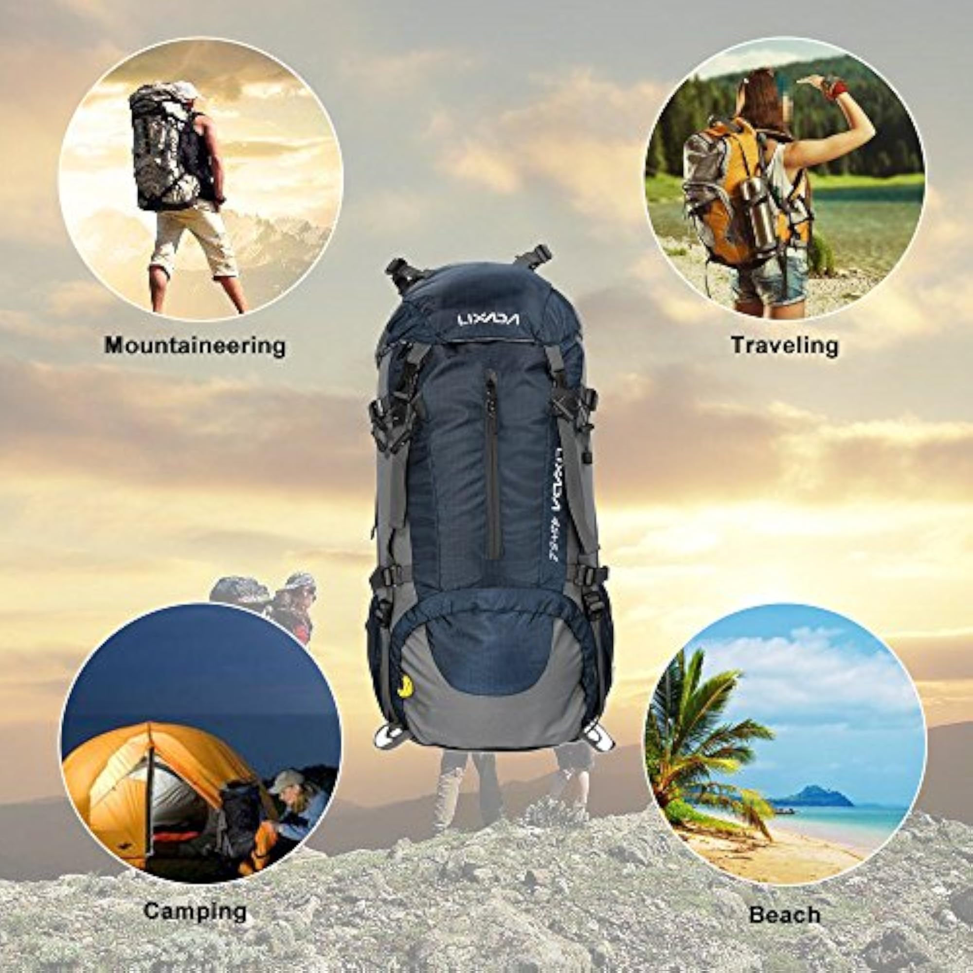 50L Water Resistant Hiking Backpack with Rain Cover, Blue