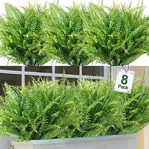Khoyime 8 Bundles Artificial Plants Fake Boston Fern Bushes, Faux Greenery Shrubs Green Stem Plants Bulk, Uv Resistant Outdoor Indoor Decoration For Home Garden Porch Window Box Summer Decor #TOP7