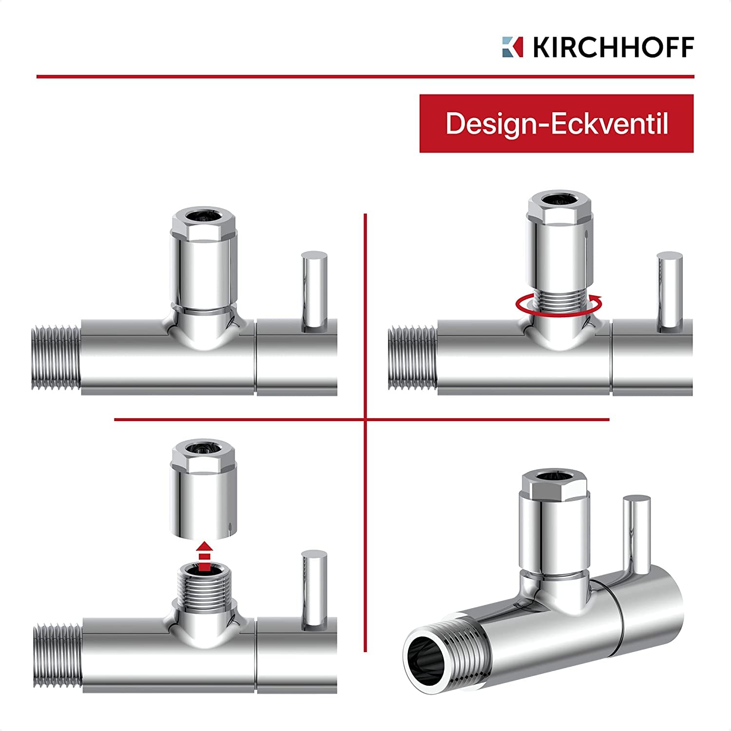 Kirchhoff 98166110-2 designerski uniwersalny zawór kątowy, zestaw 2 sztuk, z szybkim zamknięciem, dwupak, zawór regulacyjny kątowy do przewodów zimnej i ciepłej wody, chrom