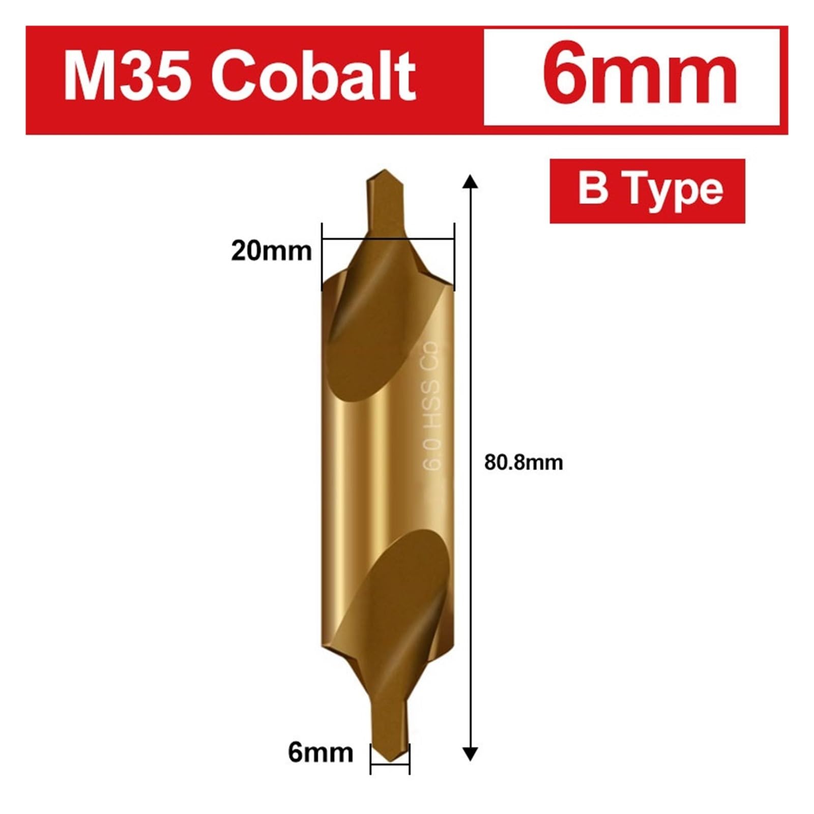 Brocas centrales Broca de centro de cobalto M35, broca avellanada de 60 grados 1 pieza(B 6mm)