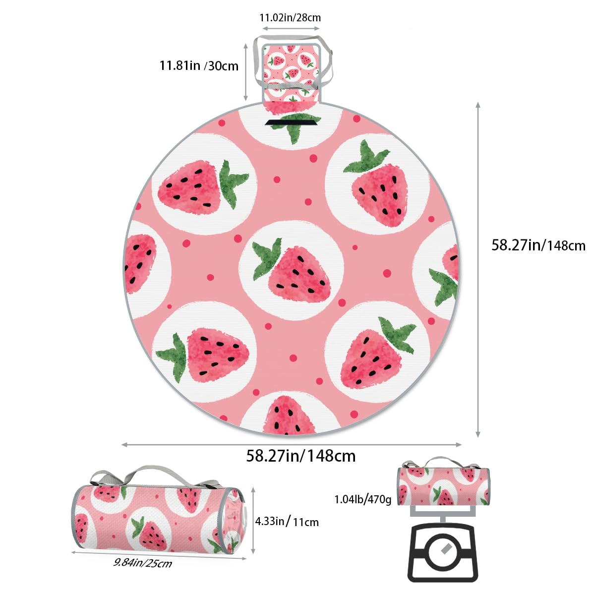Shimoshe Pink Strawberry Picnic Outdoor Blanket Foldable Waterproof Sandproof Beach Blanket Portable Water-Resistant Round Picnic Mat for Travel Camping Park Lawn