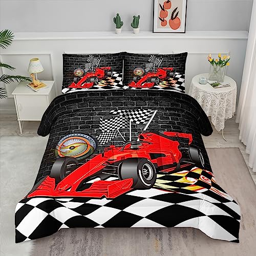 Axolotl Race Car Comforter Set Full Size,Extreme Sports Quilt for Boys Teens Kids Girls Room Decor,Cool Speed Bedding with 2 Pillowcases Racing Gifts for Boys,Black Red