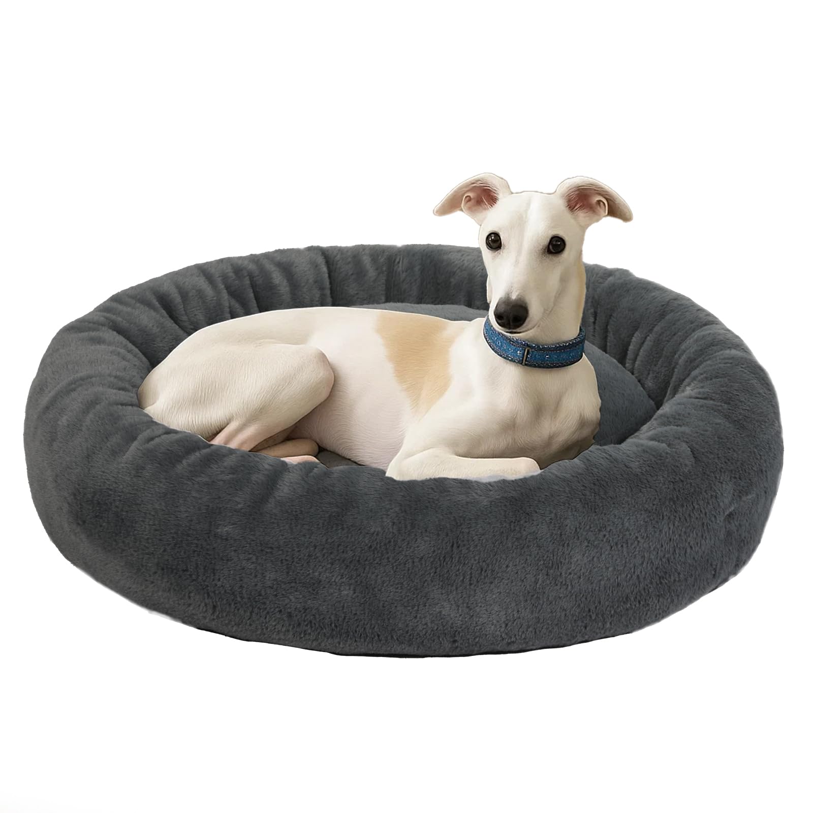 Skylos Donut Dog Bed, Fluffy Washable Dog Bed with Anti-Anxiety High Sides, Non-Slip Base, 90cm x 70cm x 19cm, Grey
