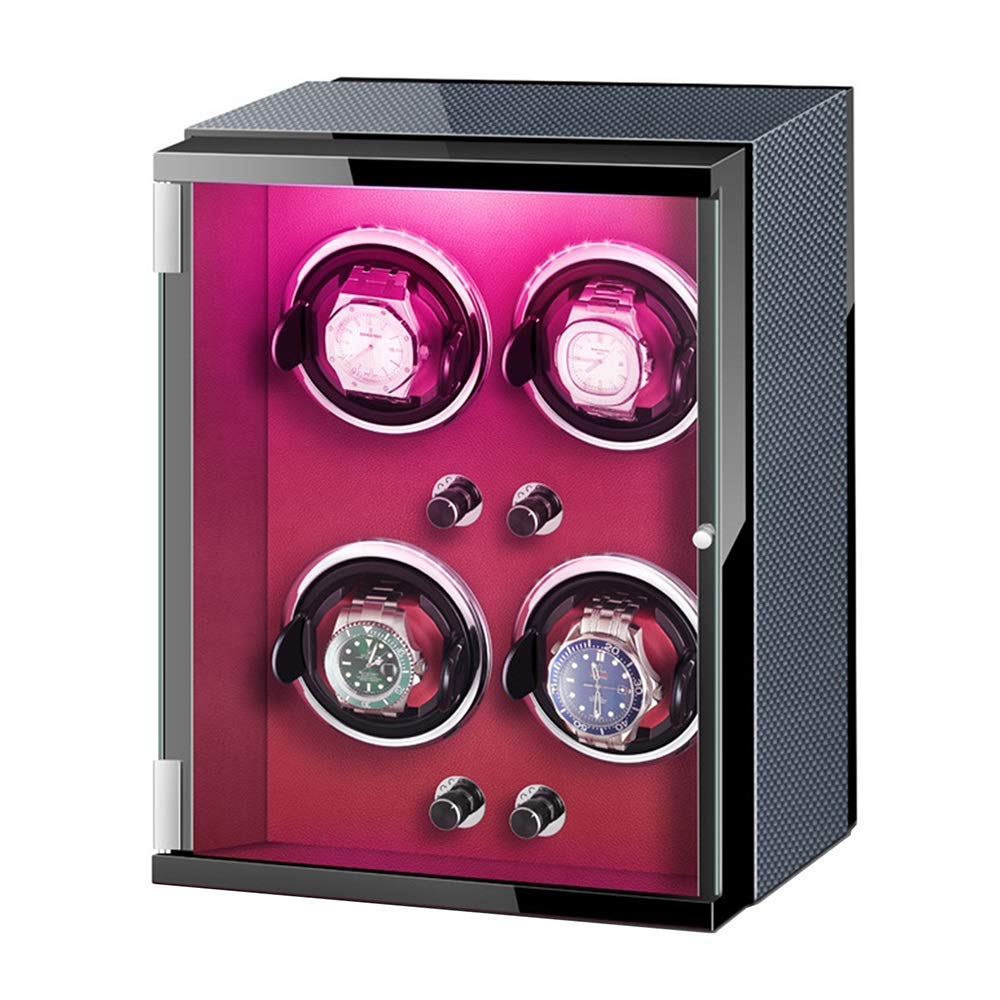 Watch Winder Box 4 Automatic Watch Winde AC Adapter and Battery Powered Colorful Lights Adjustable Watch Pillows Happy Life
