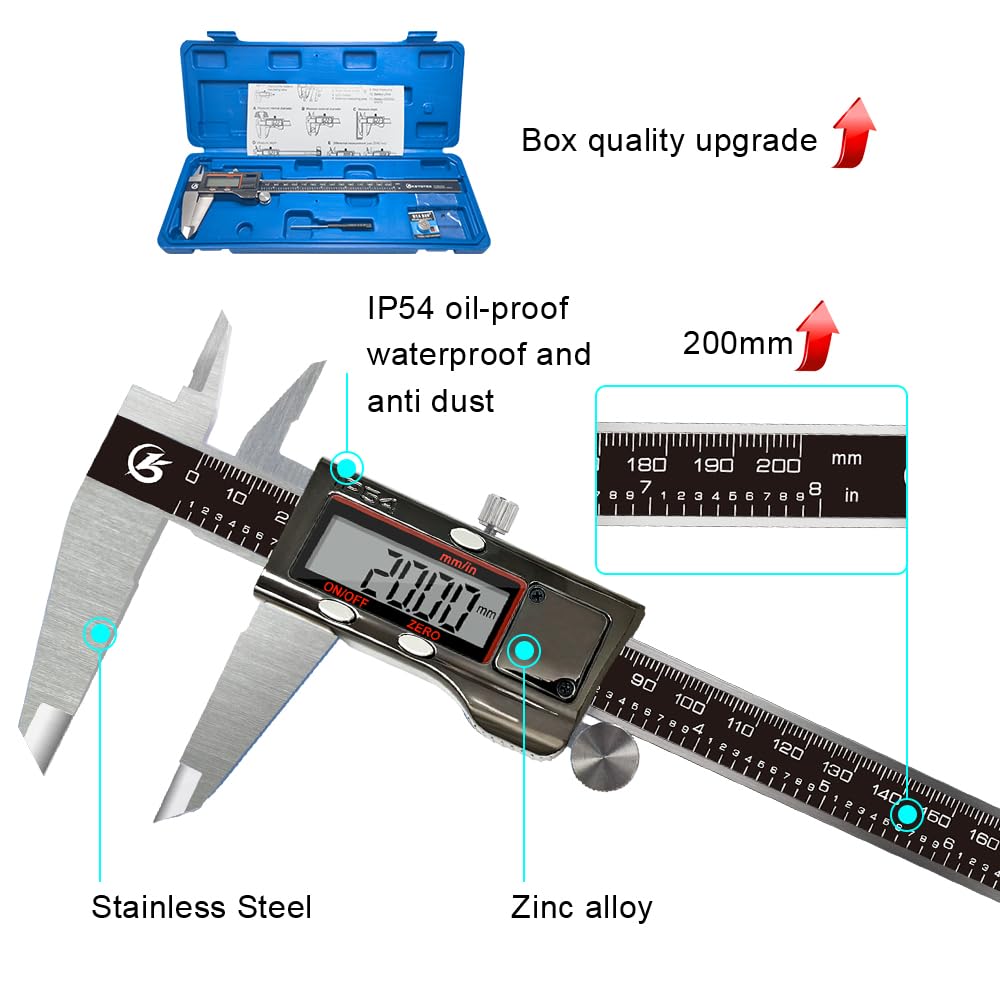 KETOTEK Pied à Coulisse 200mm, Pied à Coulisse Digital en Acier Inoxydable, Outil de Mesure Micromètre Vernier IP54 étanche 8 Pouces, mm/inch, Off Automatique