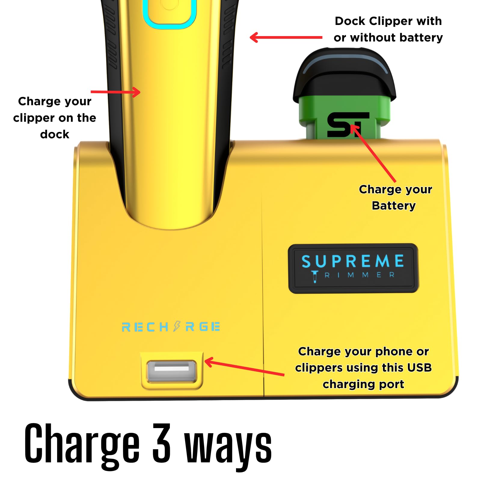 Supreme Trimmer Recharge Clipper - Professional Hair Clipper with 2 Removable Batteries, Brushless Motor, Smart Charge Stand, USB-C Charge & DLC Blades Barbers | STC779