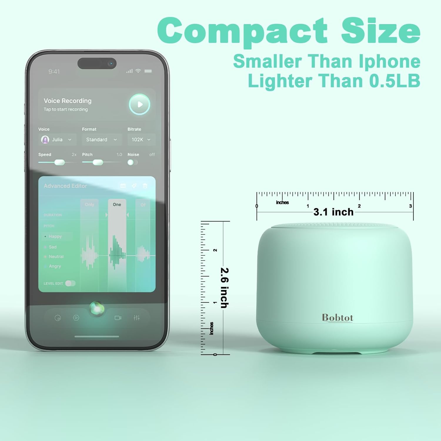 Bobtot Portable Bluetooth Speakers with Strap Easy to Carry, Wireless IPX5 Waterproof Mini Speaker with Loud Stereo Sound, 20 Hours Playtime, Rechargeable Battery, Built-in Microphone, Green - Image 6