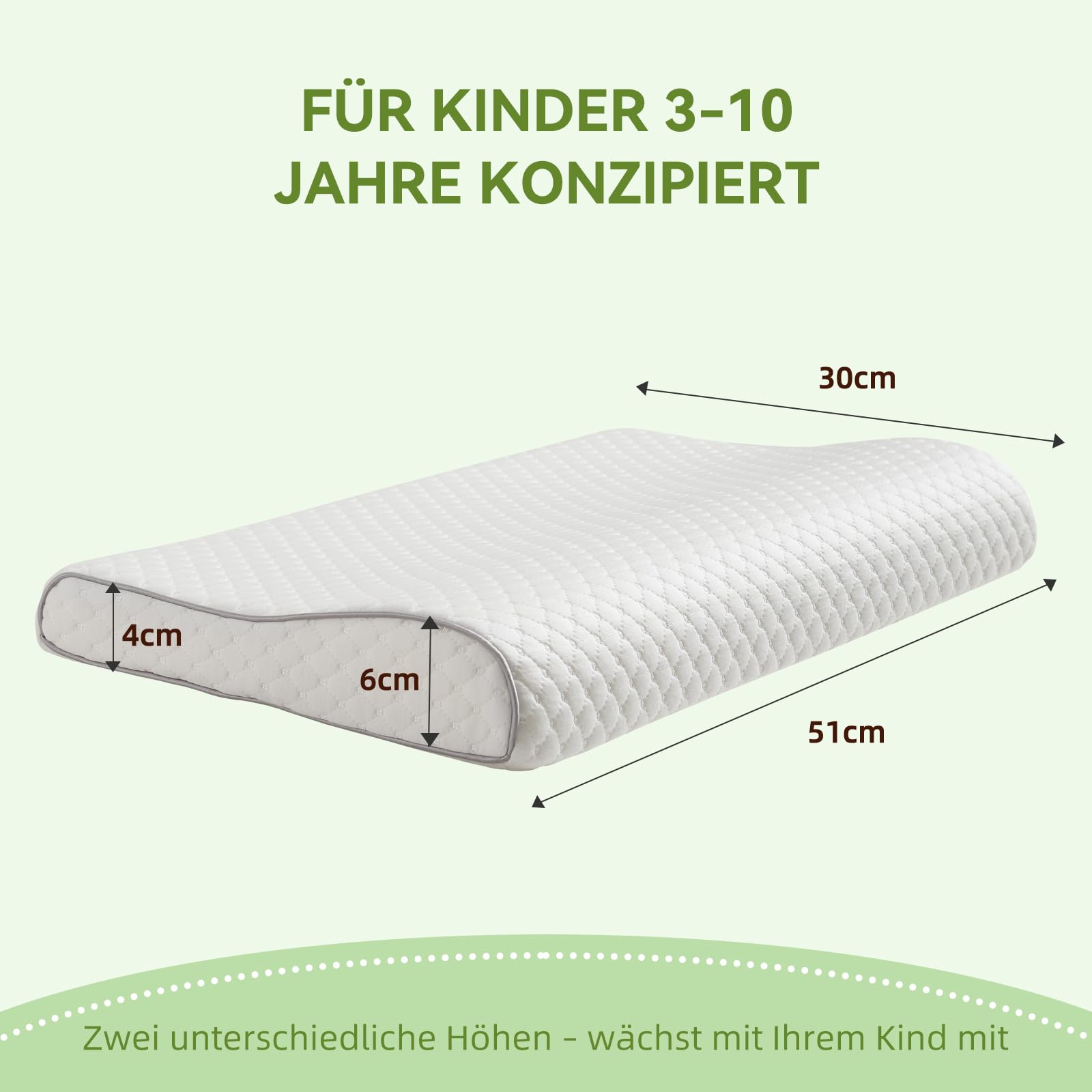 Cojín infantil Almohada para niños de 3 a 10 años, ergonómico, espuma con memoria, funda de algodón Öeko-Tex 30 x 51 x 4/6 cm, 2 alturas diferentes