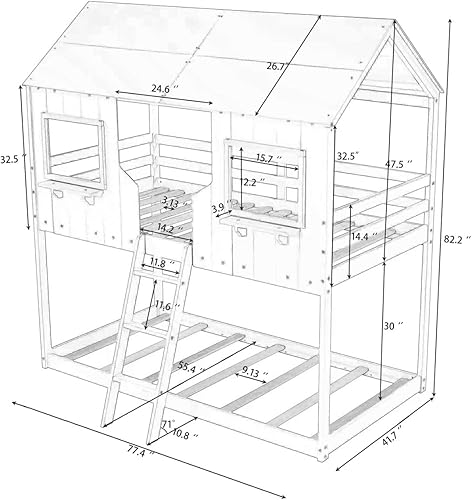 Miniatura 2 de Litera individual sobre cama individual en forma de casa con techo de madera maciza ventana barandilla y escalera