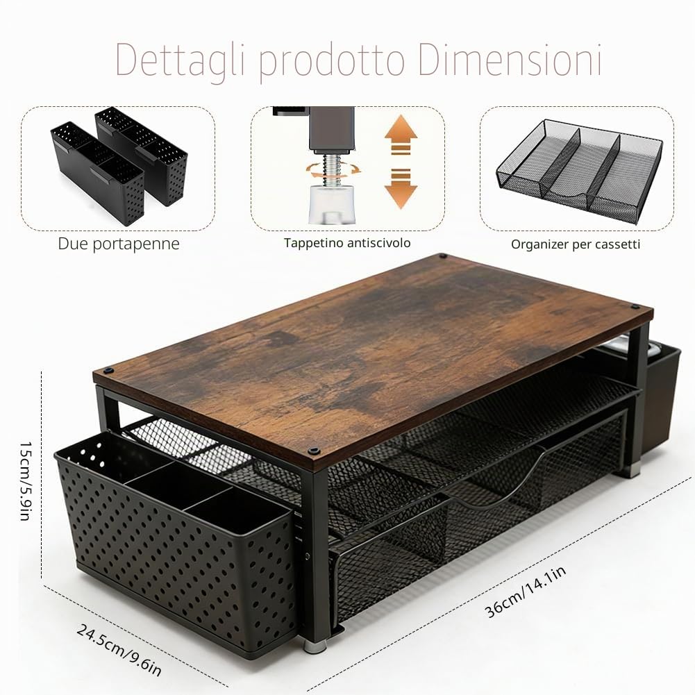 Supporto per monitor con cassetto, organizer da scrivania per schermo e laptop, ergonomico rialzo per monitor come accessorio per scrivania e gadget (nero)