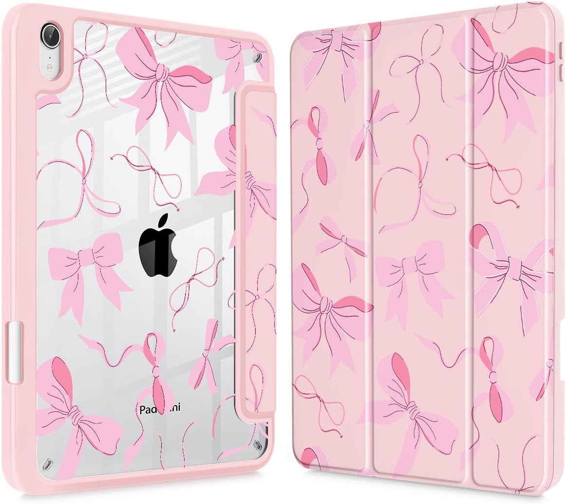 May Chen Slim Case for iPad mini 7 (A17 Pro, 7th Generation) 2024 / iPad mini 6 (6th Gen) 8.3 Inch, [Built-in Pencil Holder] Shockproof Cover Clear Clear Back Shell Auto Wake/Sleep, Pink Bow
