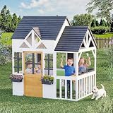 HOMMOW Outdoor Play House for Kids, Elevated Roof Wooden Kids Playhouse with Kitchen Toys, Blackboard,Magnetic Door, Flowerpot Holders, Pet Hole, Clock,Black and White