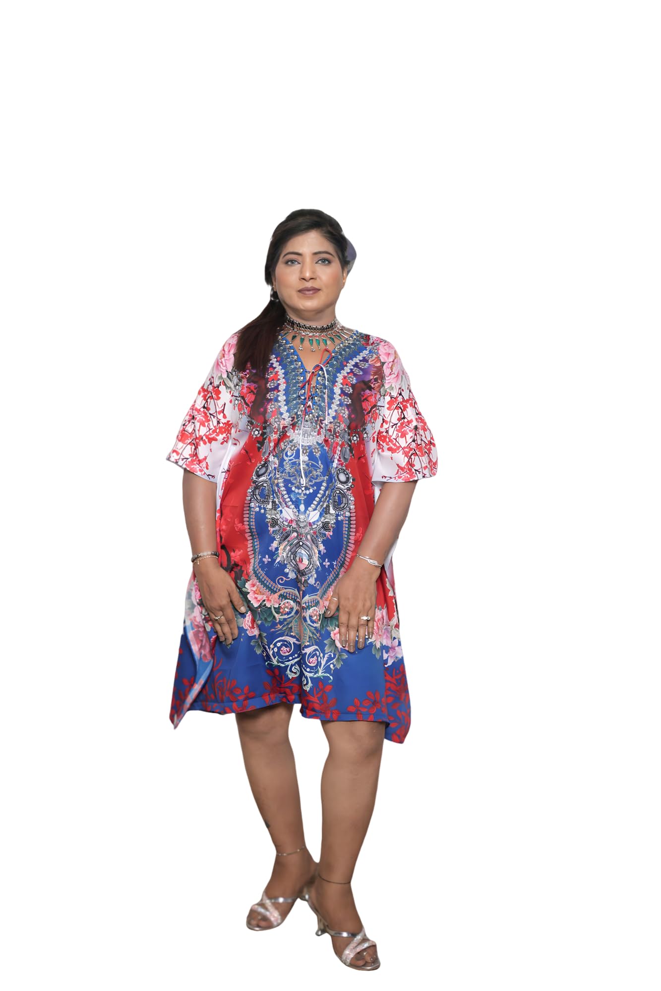 Women Short Crepe Kaftan Nightwear Free Size |Blue Printed Kaftan Dress310-image-16