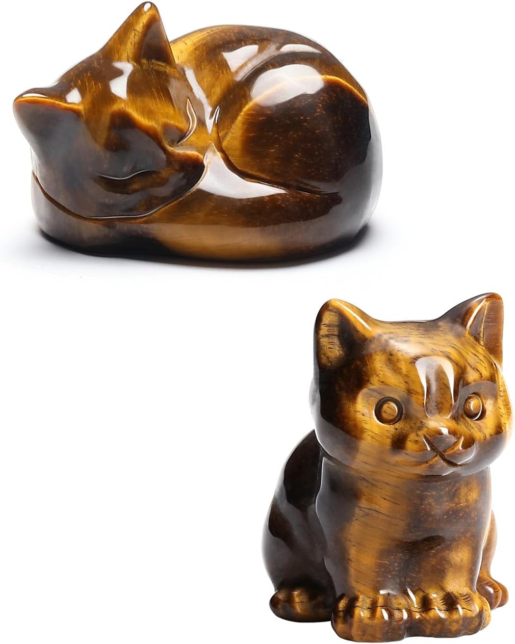 Jovivi Bundle Tiger Eye Sleeping Cat Crystal Figurine & Tiger Eye Sitting Cat Crystal Statue Healing Stone Carved Pet Animal Sculpture Pocket Stone for Women Men