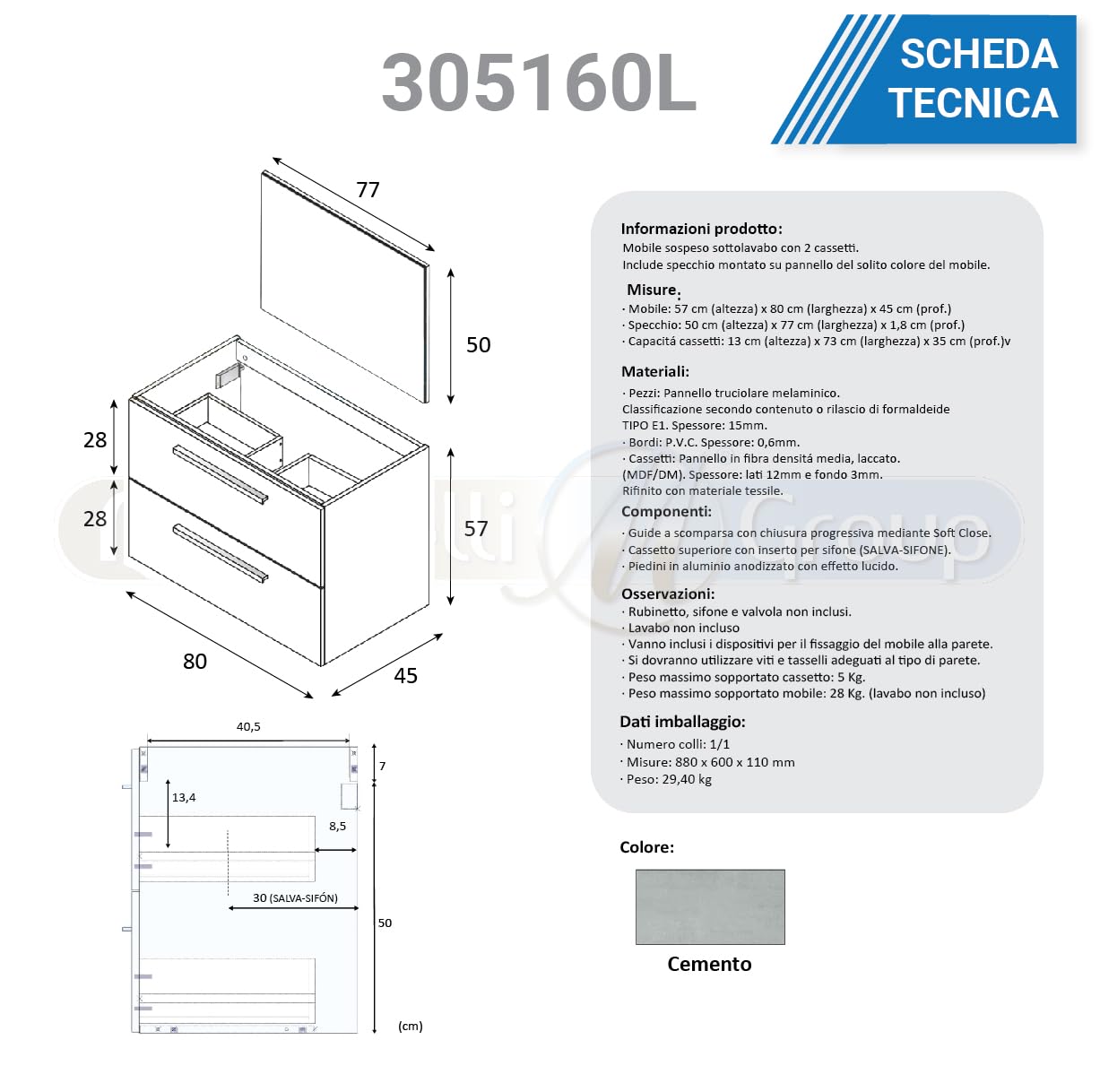 MarinelliGroup Mobile bagno 80 cm sospeso lavabo ceramica specchio 2 cassetti cemento 80 x 45 x 57 cm 305160L