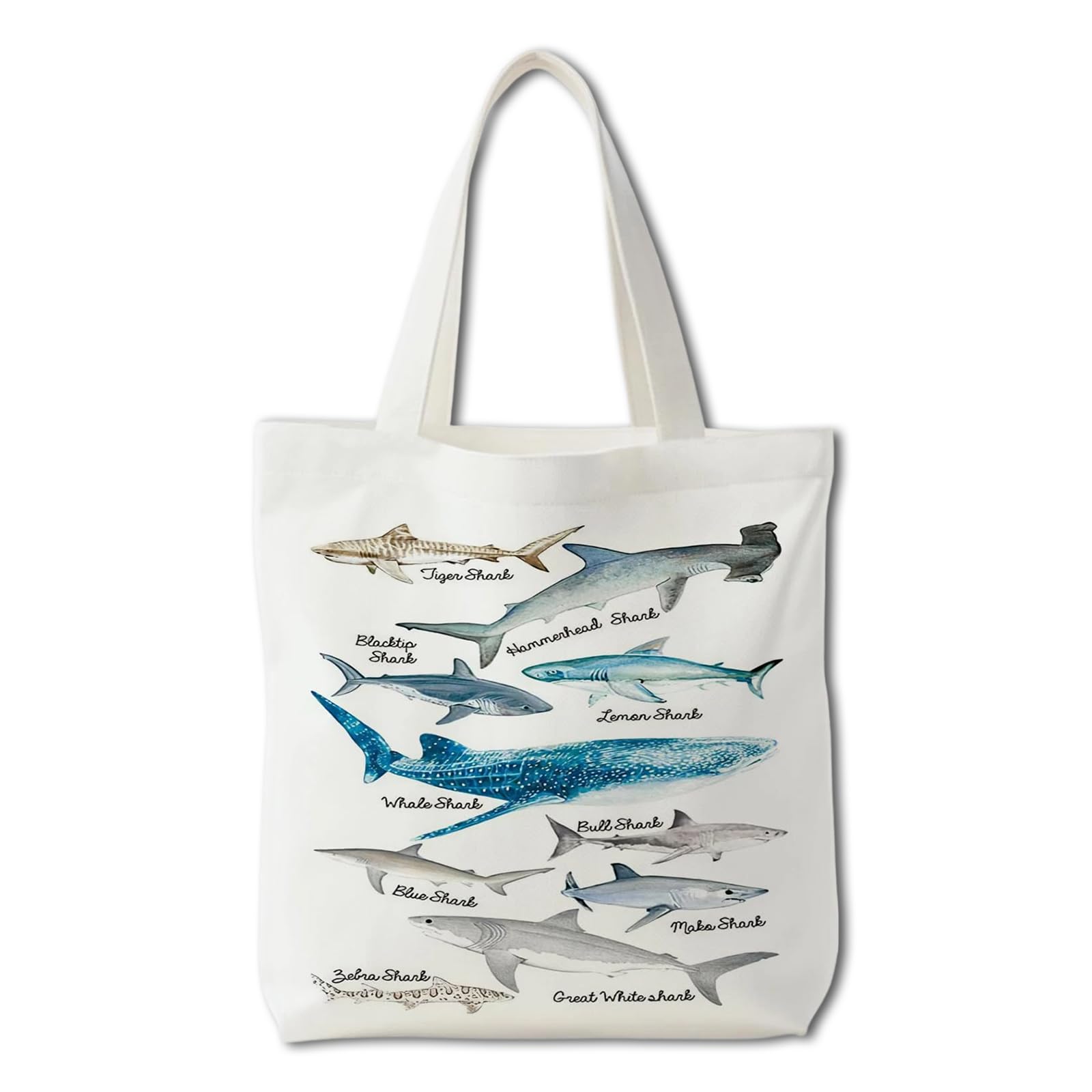 Clyrax Ocean Shark Themed Canvas Tote Bag, Double-Sided Printed White Shopping Bags, Exquisite Shark Gifts 16 × 13 inch, Reusable Shopping Bag For Beach Travel Office Daily Use Shark Lovers