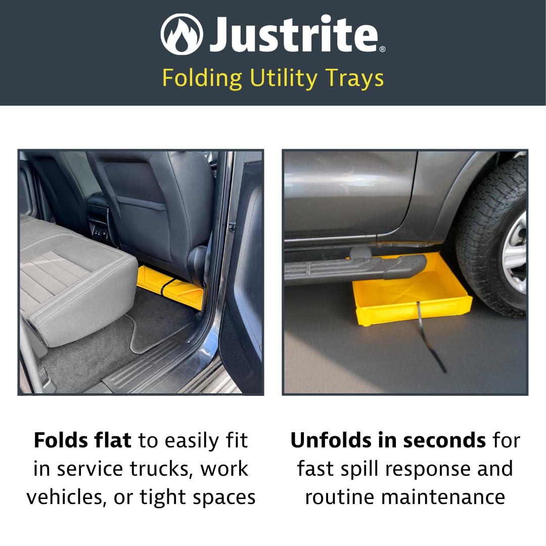 Justrite Collapsible Utility Tray with Plastic Grate, 25.5" x 25.5" x 4", 8 Gallon Capacity Folding Oil Drip Tray for Under Car, Trucks, Machinery, 18oz Yellow PVC, Made in The USA, 28587