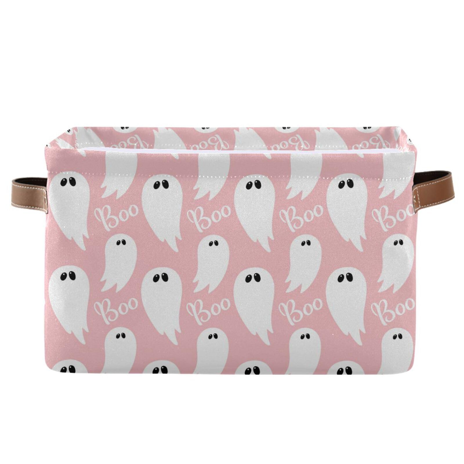 Pfrewn Halloween Baby Gift Storage Basket Pink Ghost Boo Collapsible Rectangular Storage Boxes Organizer Shelf Basket Toy Book Storage Bin for Nursery 16×12×8 IN