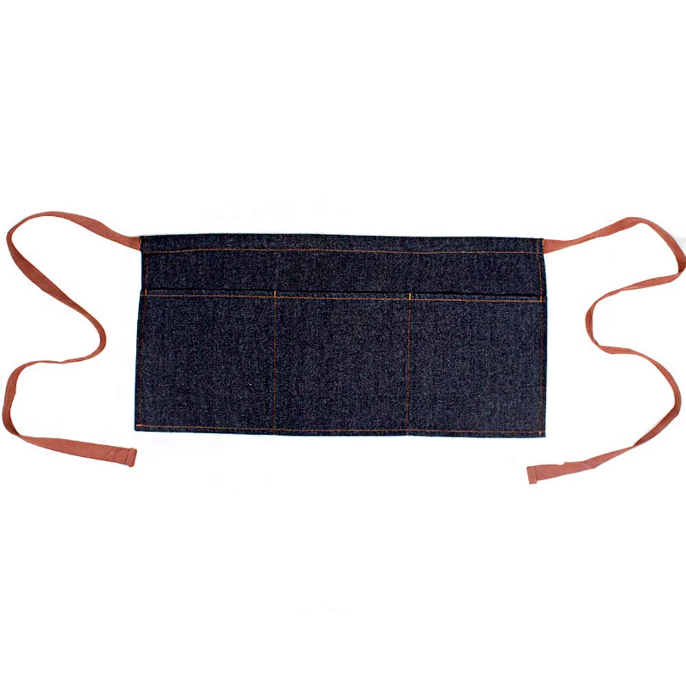Golden Apple Unisex Indigo Blue Apron Black Denim Short Apron With 3 Large Pocket Waist Apron For Waiter, Bartender, Barista