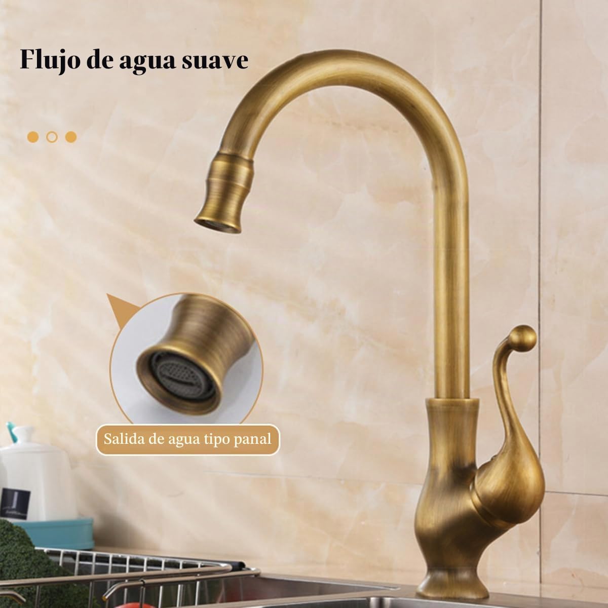 Grifo de cocina (bronce antiguo, monomando de fregadero de cocina, latón retro, grifo mezclador de agua caliente y fría giratorio de 360 °, grifo de lavabo, cuarto de baño, cobre