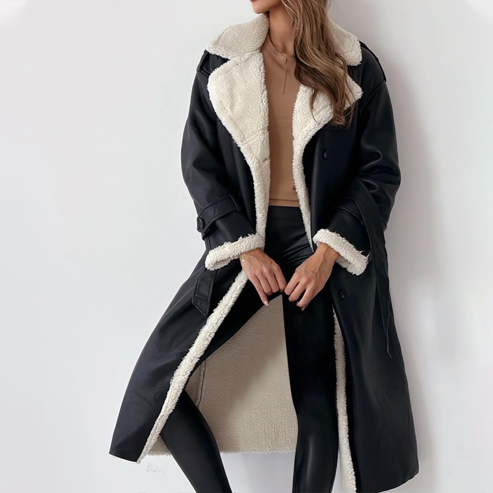 Ansenesna Lederjacke Damen Lang Gefüttert Winterjacke Damen Leder Warm Innenfutter Wintermantel Elegant Lederoptik Trenchcoat Mit Gürtel Zweireihig Mantel Frauen Winter Kunstleder Ledermantel