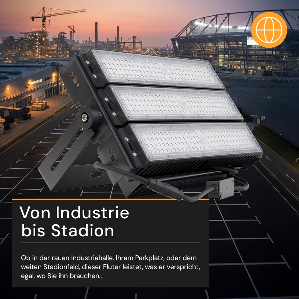 4x LED Außenstrahler 300W 5000K Neutralweiß 39000lm, IP66 Wasserdicht, IK10 Flutlicht Strahler für Stadionbeleuchtung Baustelle Sportplatz, robuste Industrieleuchte für außen