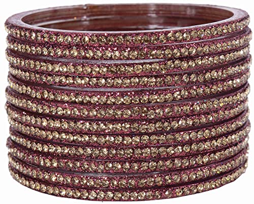 Image of NMII Glass with Zircon Gemstone and Beads Studdded Glossy Finished Traditional Bangle Set For Women and Girls