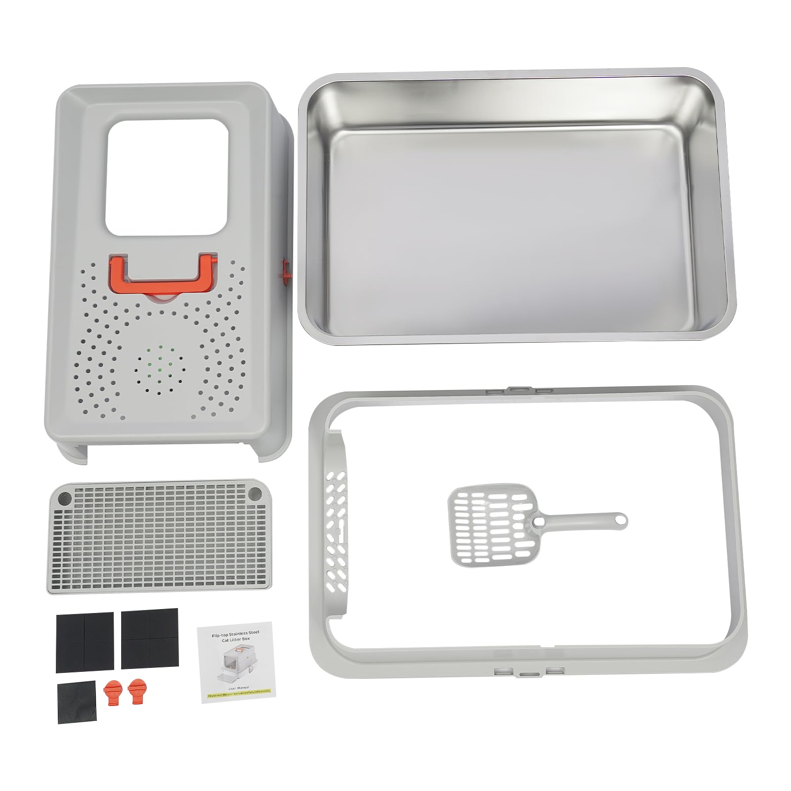Lettiera da viaggio per gatti con coperchio, design 2 in 1 | Lettiera per gatti in acciaio inox con manico portatile, pedale paraspruzzi e paletta, lettiera portatile per gatti di grandi
