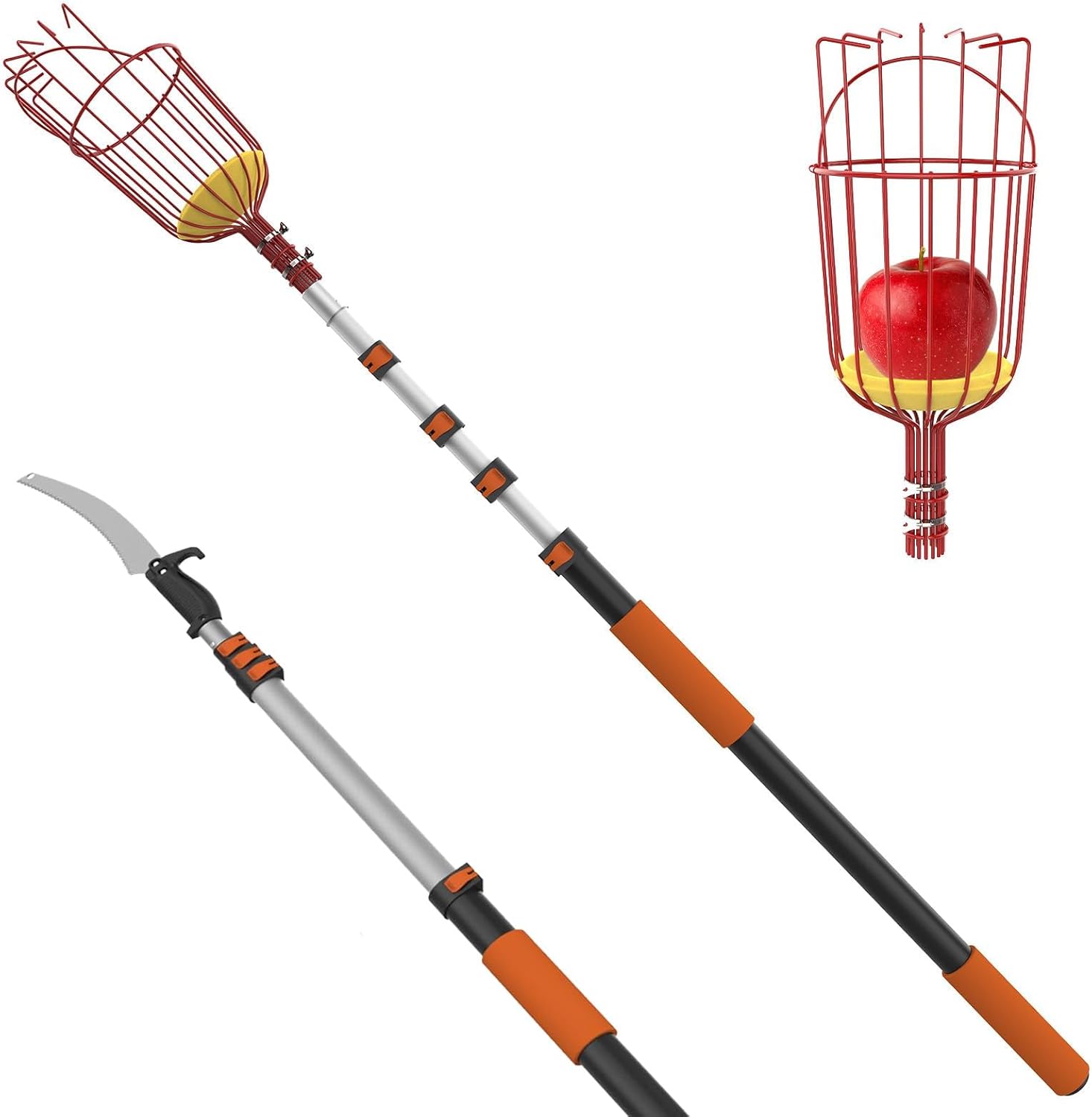 26FT Reach Fruit Picker Pole with Basket Telescoping, Pole Saw with 5-20FT Extension Pole, Manual Branches Pruner for Backyard, Fruit Tree Picker Tool