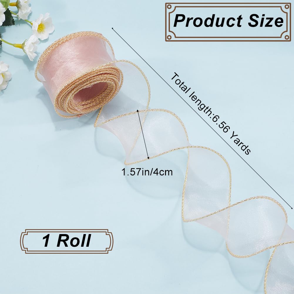 CRASPIRE 1-5/8” Wide Pink Gold Wired Sheer Ribbon Organza Tulle Gift Ribbon Handmade Chiffon Fabric 6.5Yd for Gift Wrapping Wedding Flower Bouquet Christmas Wreaths Xmas Crafts Hair Bow Party Holiday - Image 2