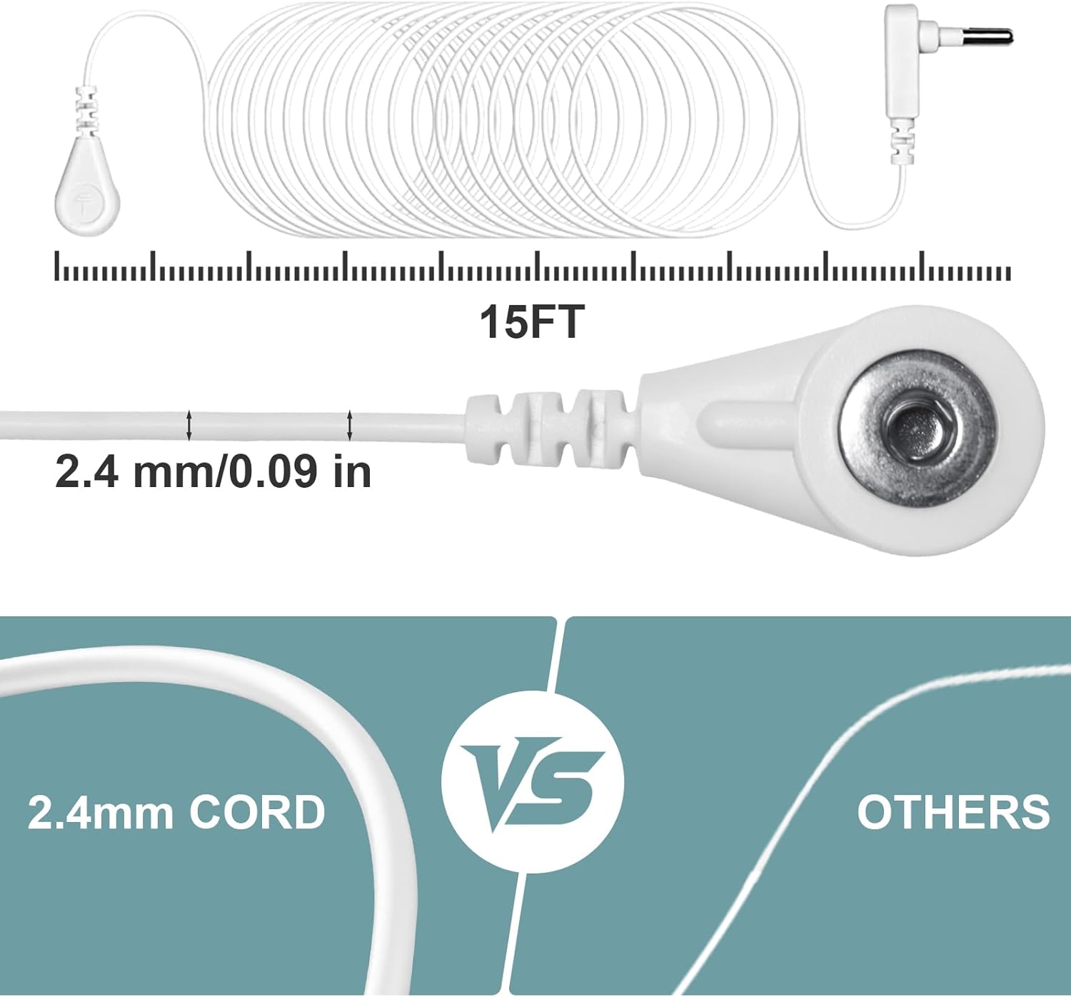 Grounding Cord, Replacement Grounding Cable Accessories for Grounding Sheets, Mats, Pillowcases, Grounding Mat Wire for All Grounding Products, 15Ft
