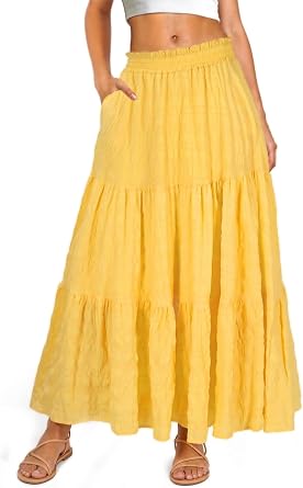 Womens Boho Maxi Skirt Elastic High Waist A Line Flowy Ruffle Spring Beach Long Skirt with Pockets
